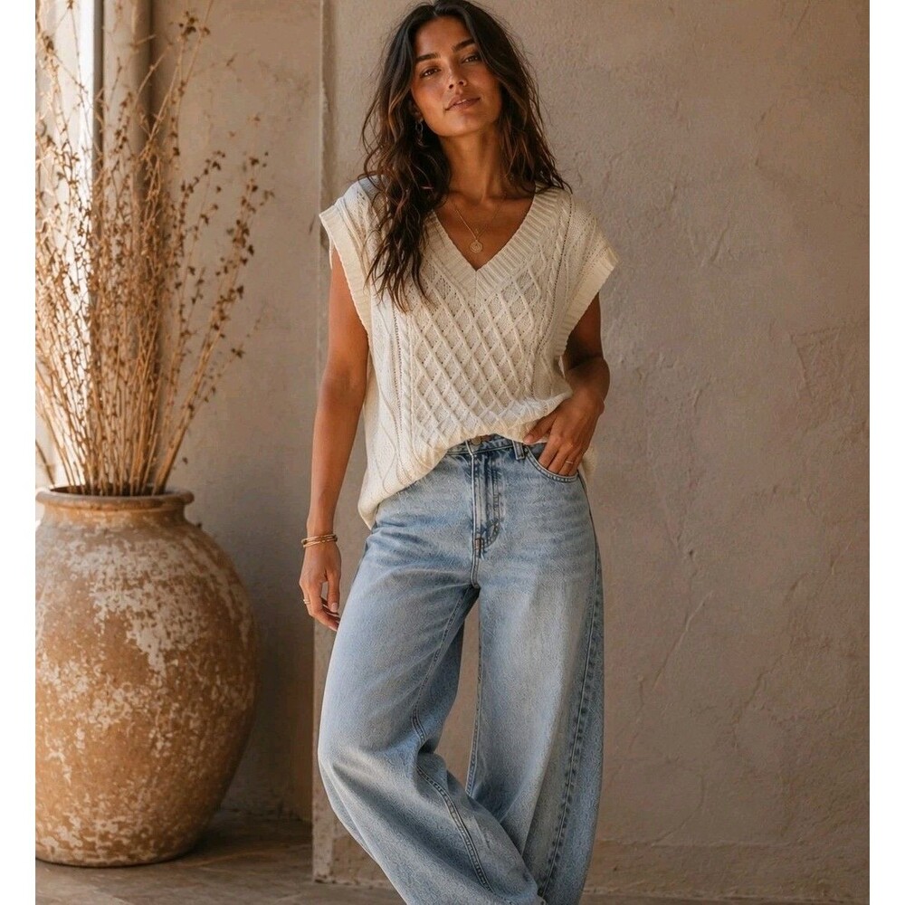 Natural Reflections Cableknit Oversized Sweater Vest Womens M Ivory Boho Grandma